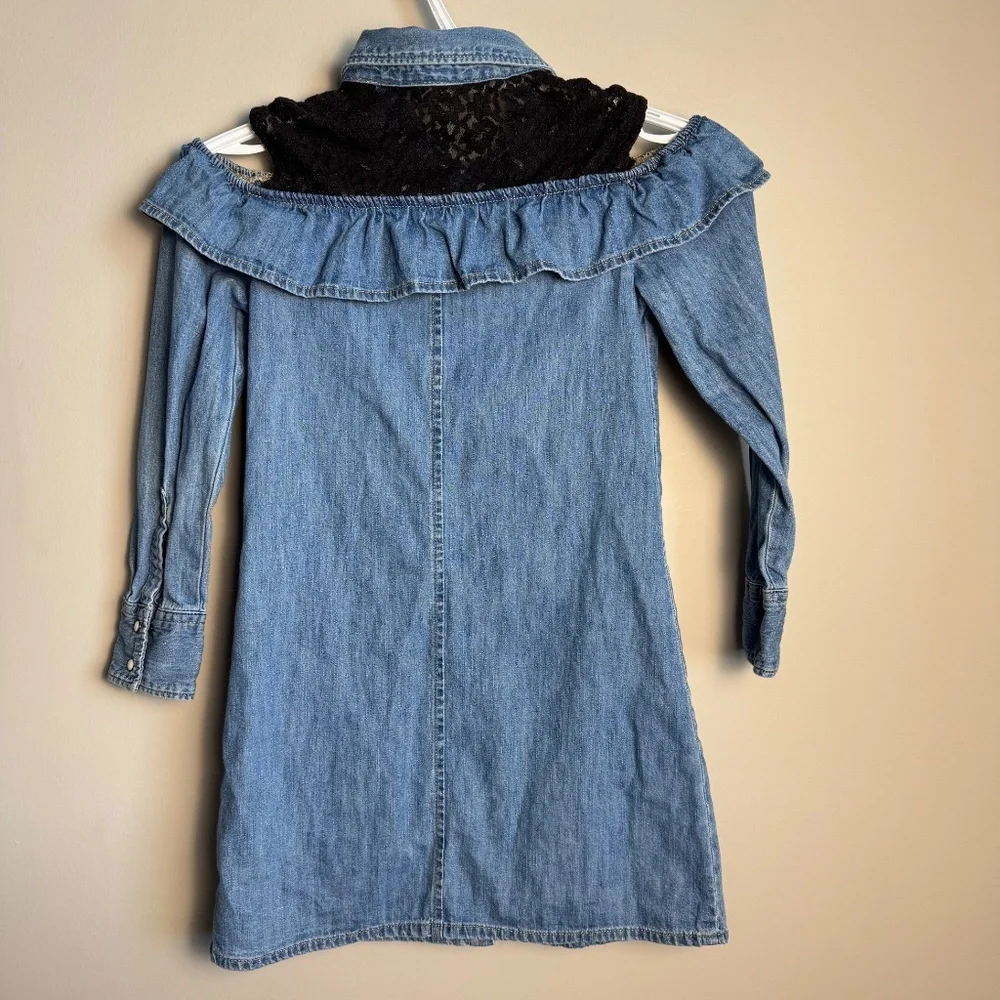 GUESS‎ Girl's 8 Denim Cold Shoulder Button Front Jean Dress Collared Lace Blue - Picture 5 of 15